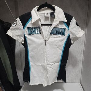 Harley-Davidson Black and White Zip-Up Shirt with Blue Accents